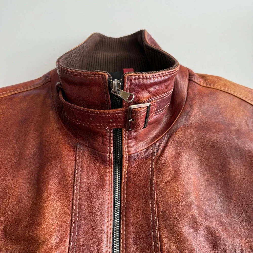 Peruzzi VTG Italian Distressed Leather‎ Cognac Brown Bomber Jacket IT 56 US XL